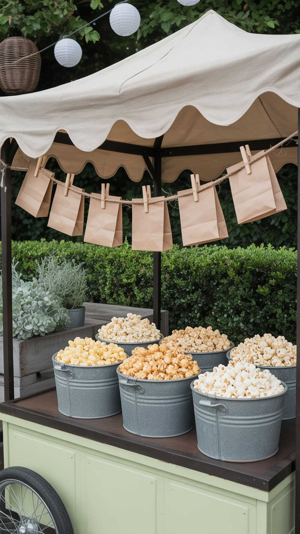 A charming popcorn bar set up in a garden with various flavors of popcorn in buckets and decorative paper bags.