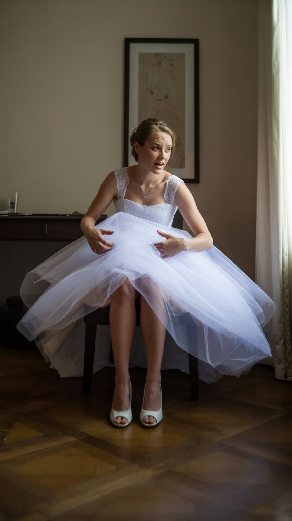 A bride sitting on a chair, looking concerned about her wedding dress.
