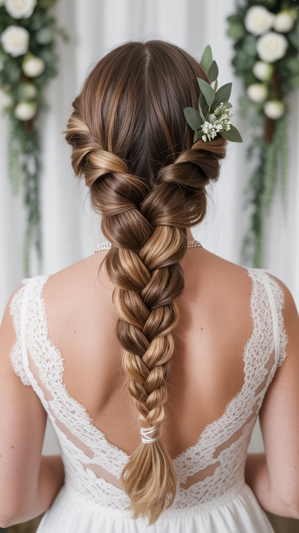 A bride with long hair styled in a chunky boho braid with twisted sides, adorned with greenery.
