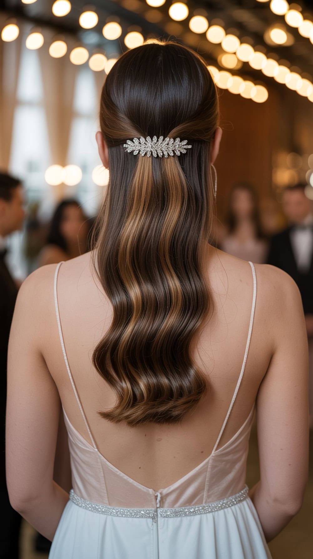 A woman with long wavy hair styled in glam waves, featuring a sleek top and a decorative clip, set against a softly lit background.