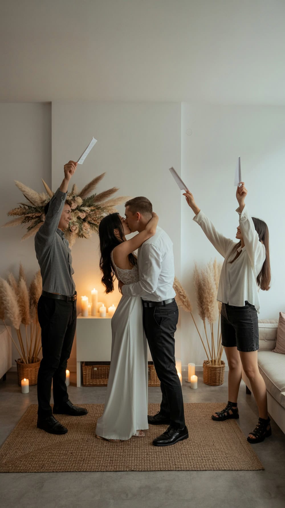 A couple kissing during their wedding ceremony in a chic apartment, surrounded by friends holding papers and decorative elements.