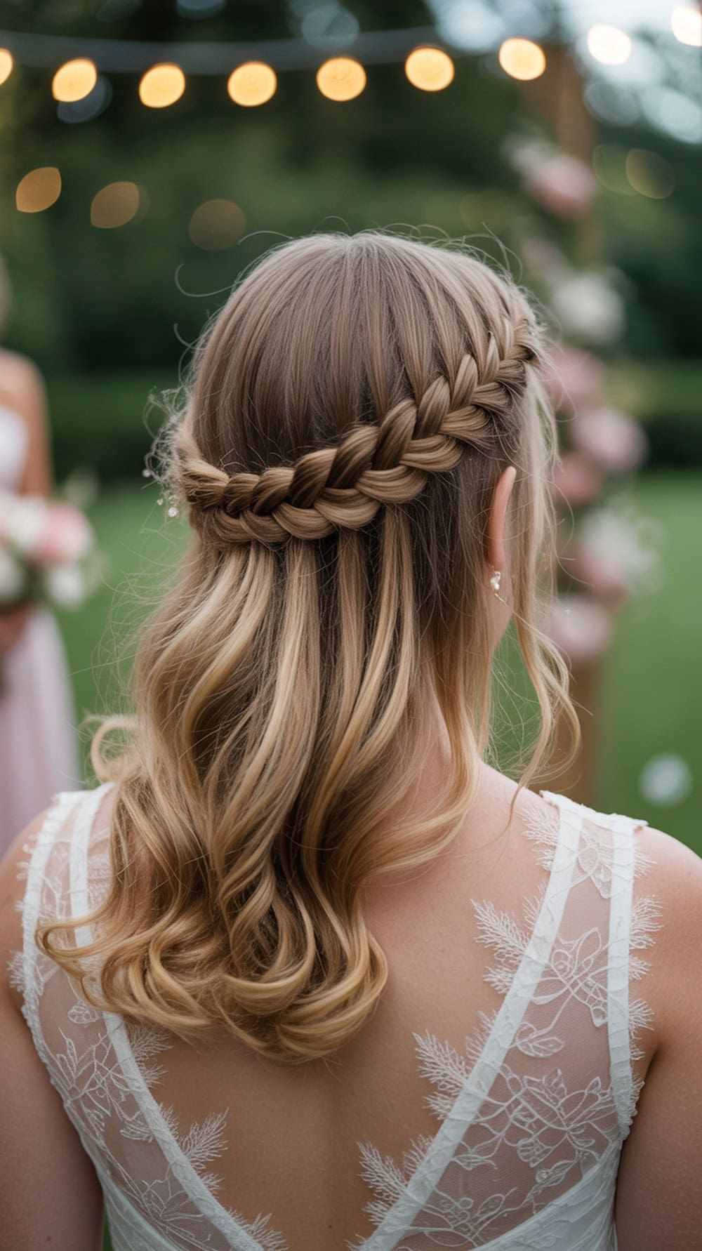 A bride with long wavy hair styled in a braided crown with cascading waves, set against a blurred outdoor background.