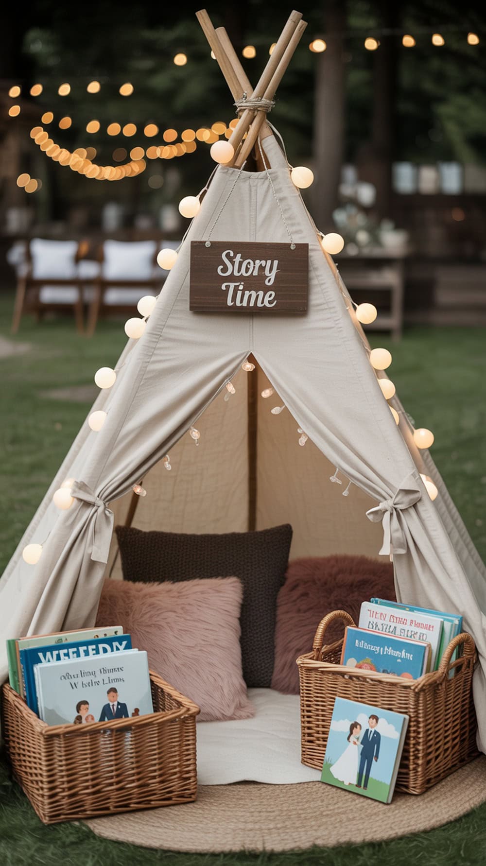 A colorful kids' table setup at a wedding featuring fun dinnerware and balloons.