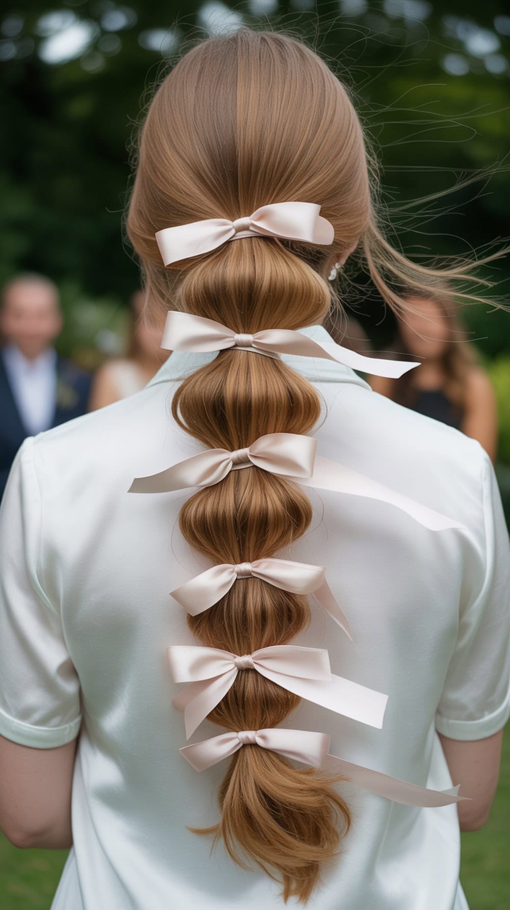 A bride with long straight hair styled in a bubble braid adorned with satin ribbons, viewed from the back.