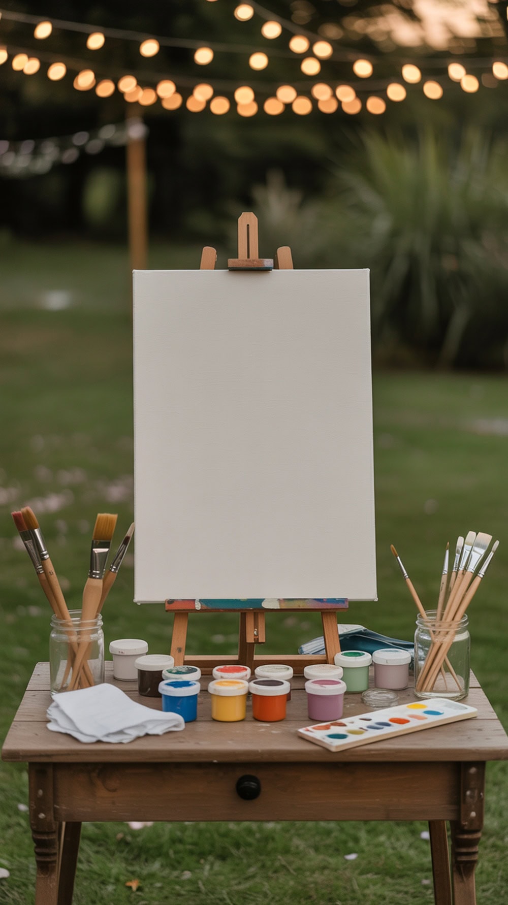 A wedding paint station with a blank canvas, paint jars, and brushes, illuminated by string lights.