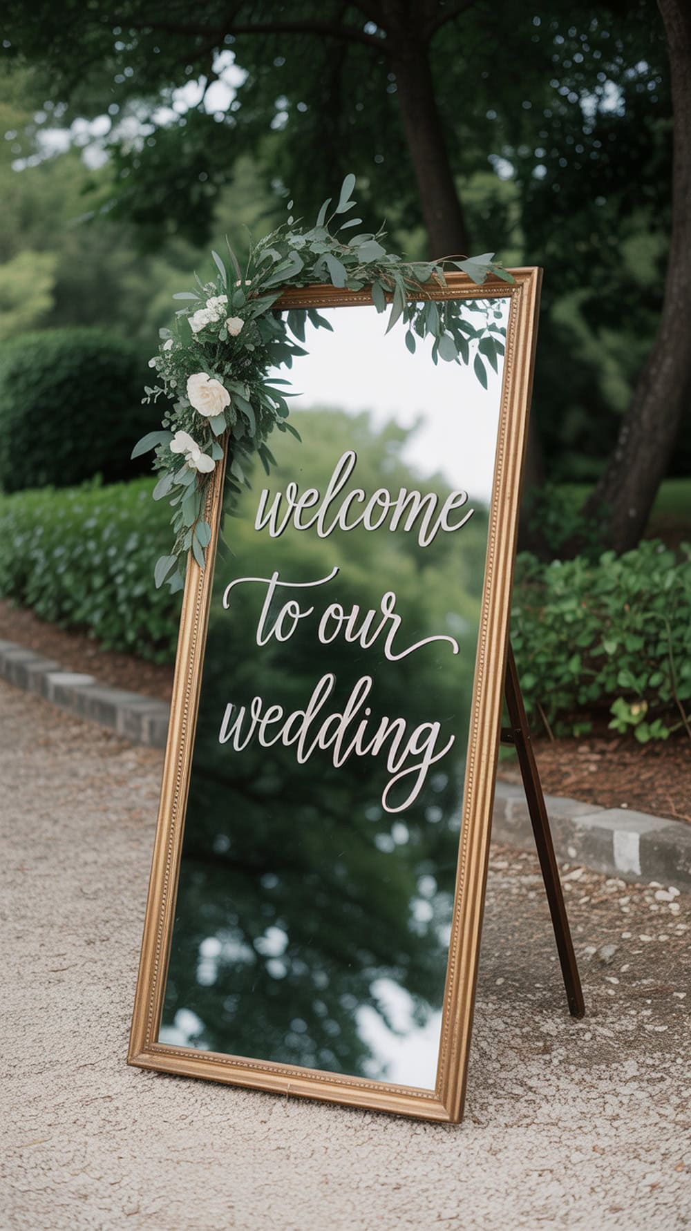 A decorative mirror welcome sign with elegant script and floral accents.