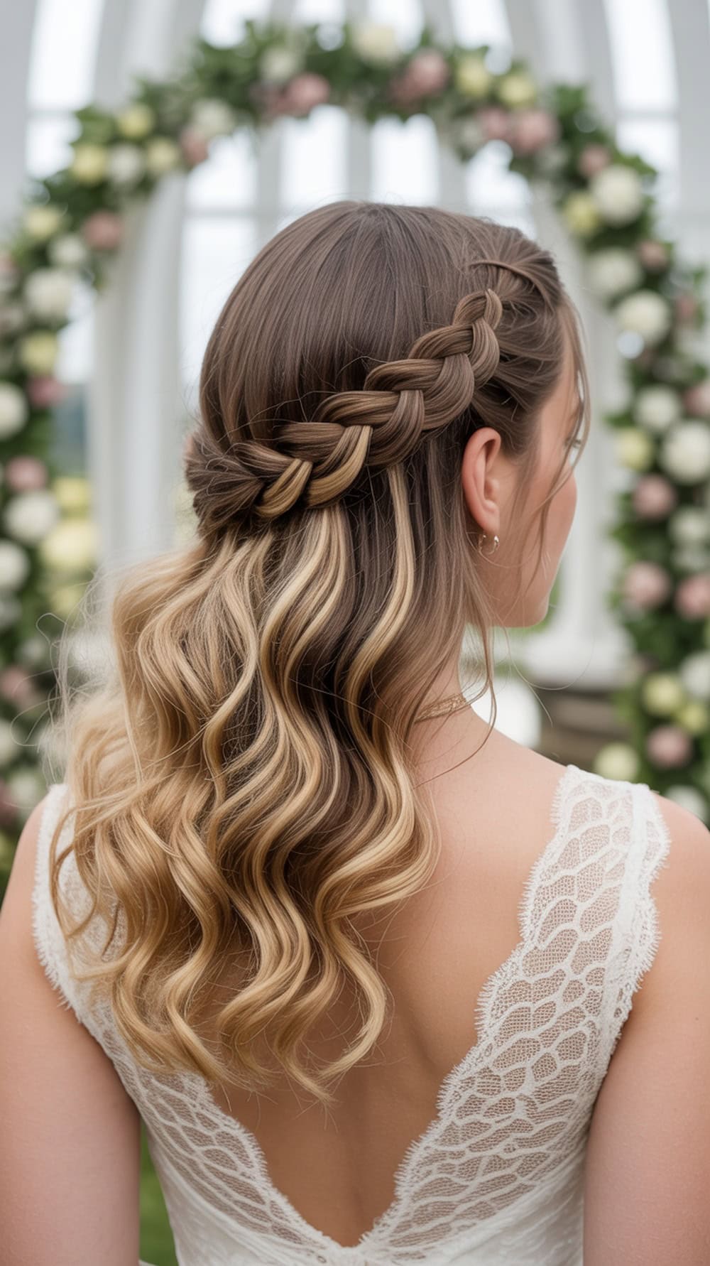 A bride with a voluminous crown half-up hairstyle featuring a braided detail, showcasing loose curls and a romantic look.