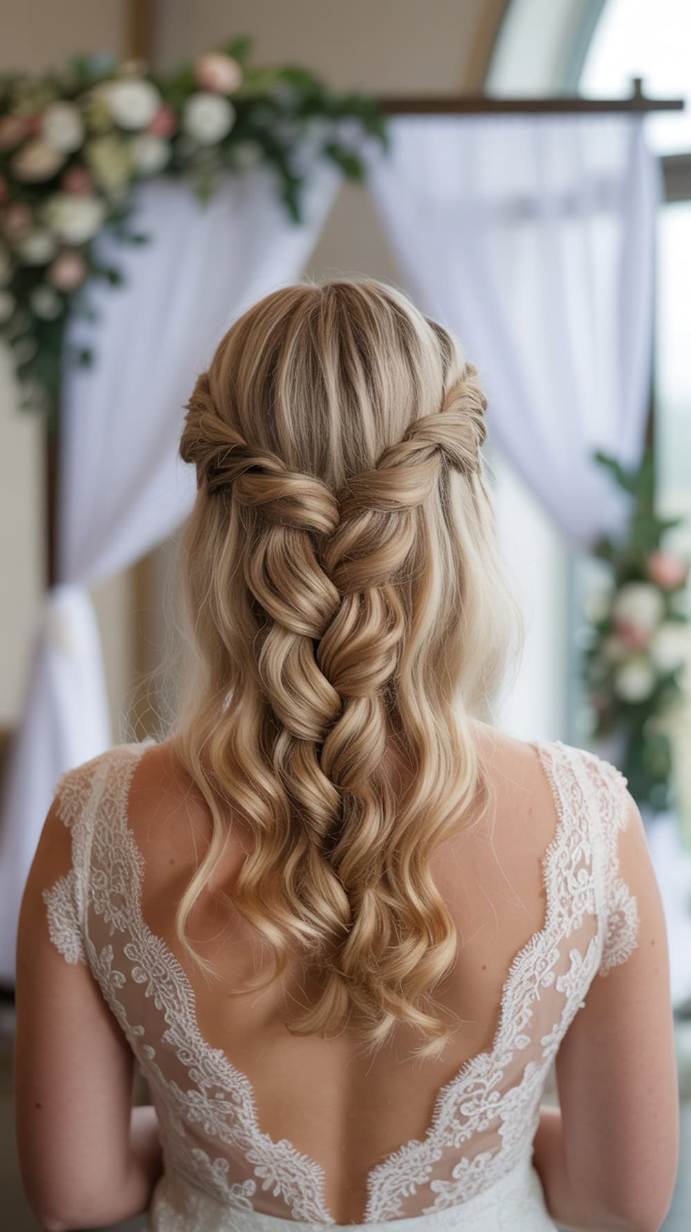 A bride with half-up waterfall braid hairstyle, featuring loose tendrils and soft waves.