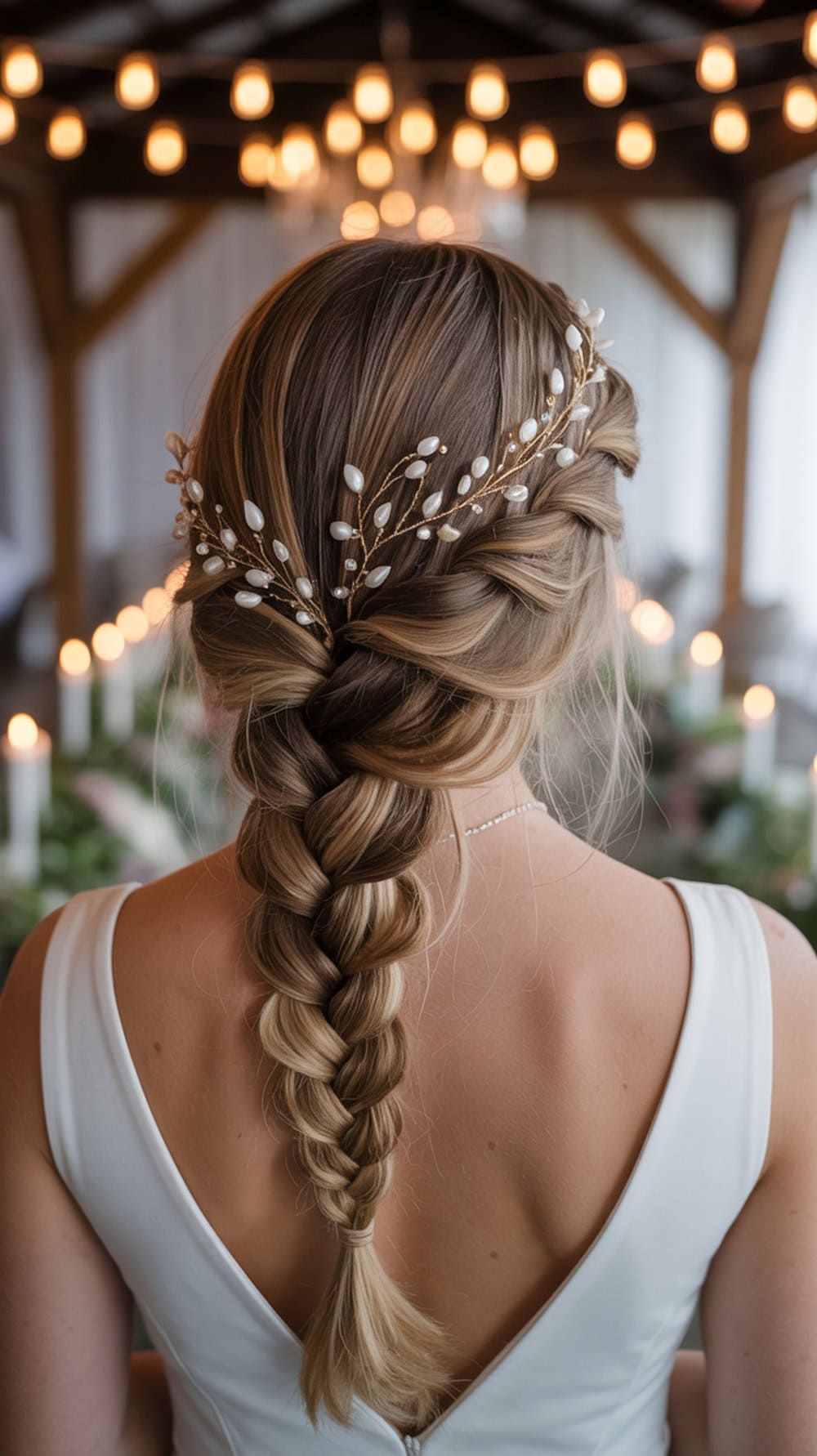 A bride's back view showcasing an infinity braid adorned with a twinkly hair vine.
