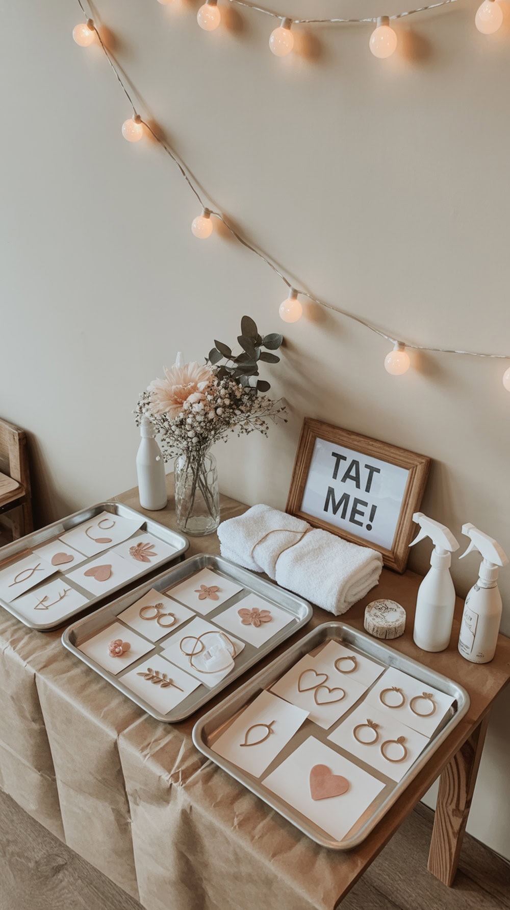 A temporary tattoo bar with trays of designs, a sign saying 'TAT ME!', and decorative lights.