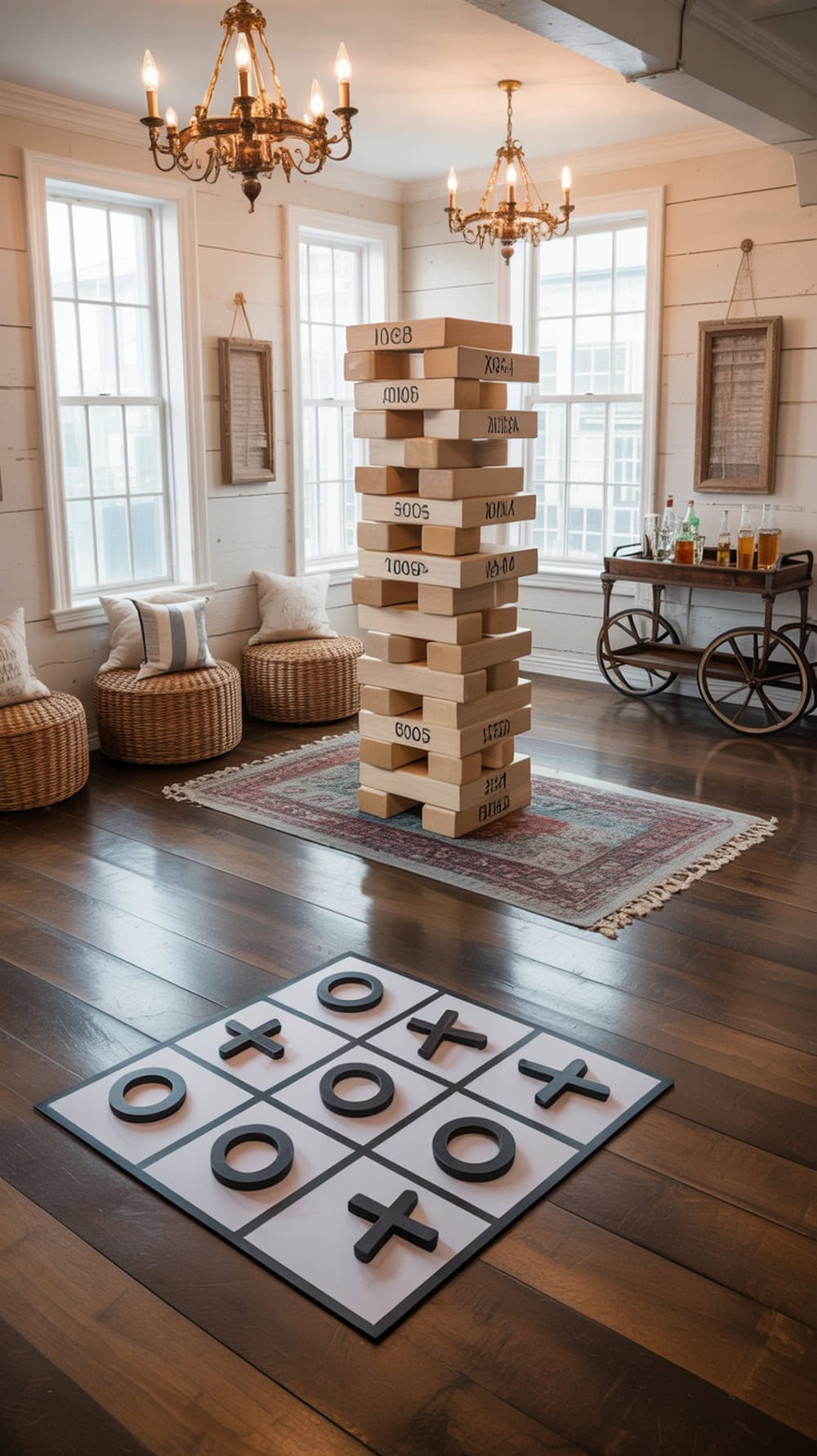 Indoor setup featuring giant Jenga and tic-tac-toe for wedding guests