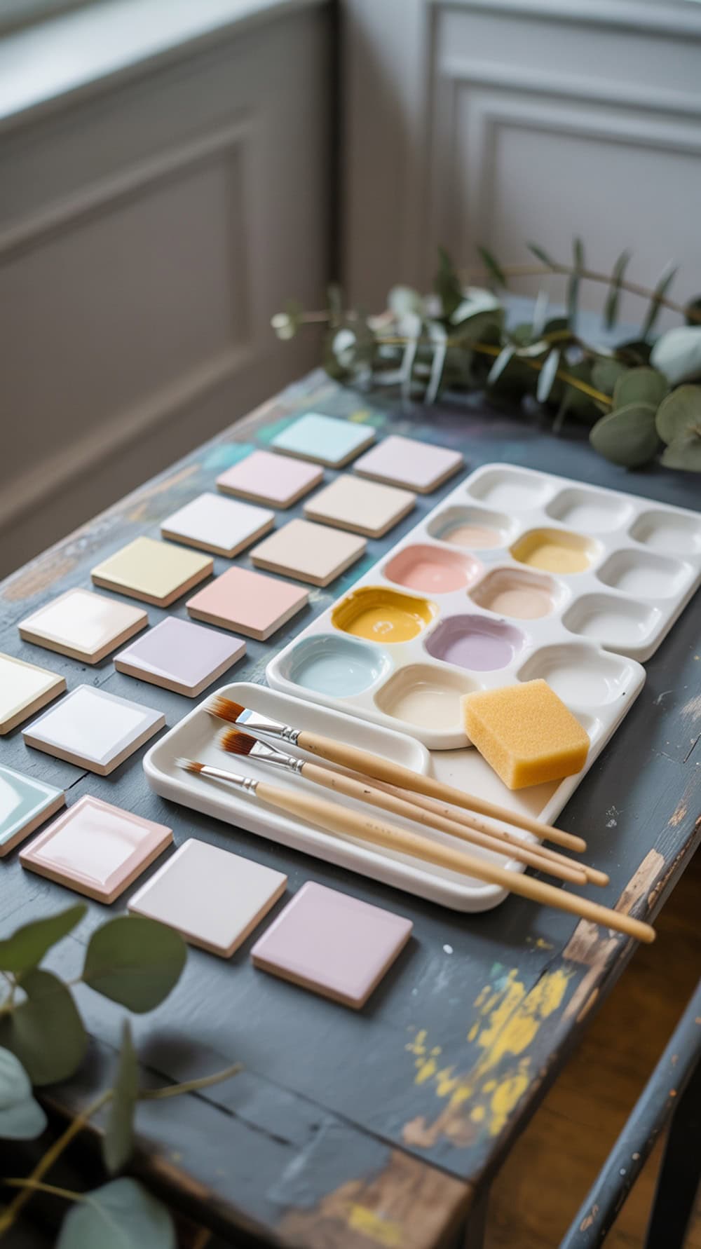 A setup for ceramic tile painting with pastel tiles, paint palette, brushes, and greenery.