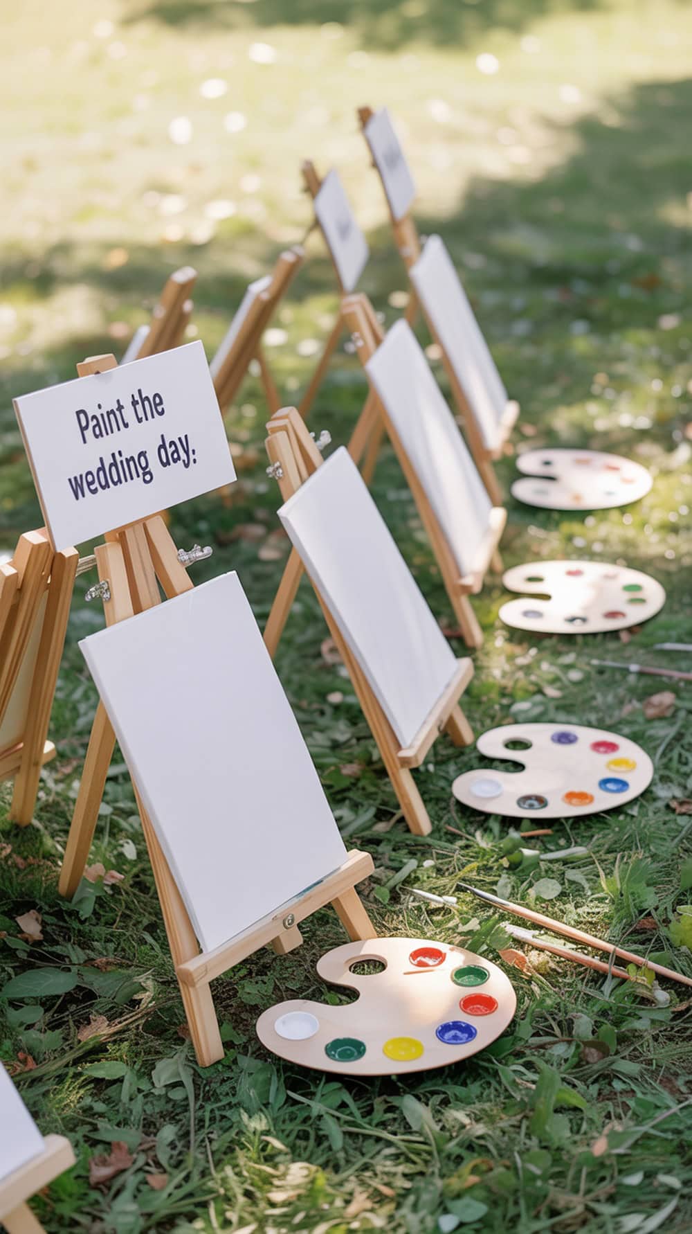 Kids art easels set up at a wedding with blank canvases and paint palettes