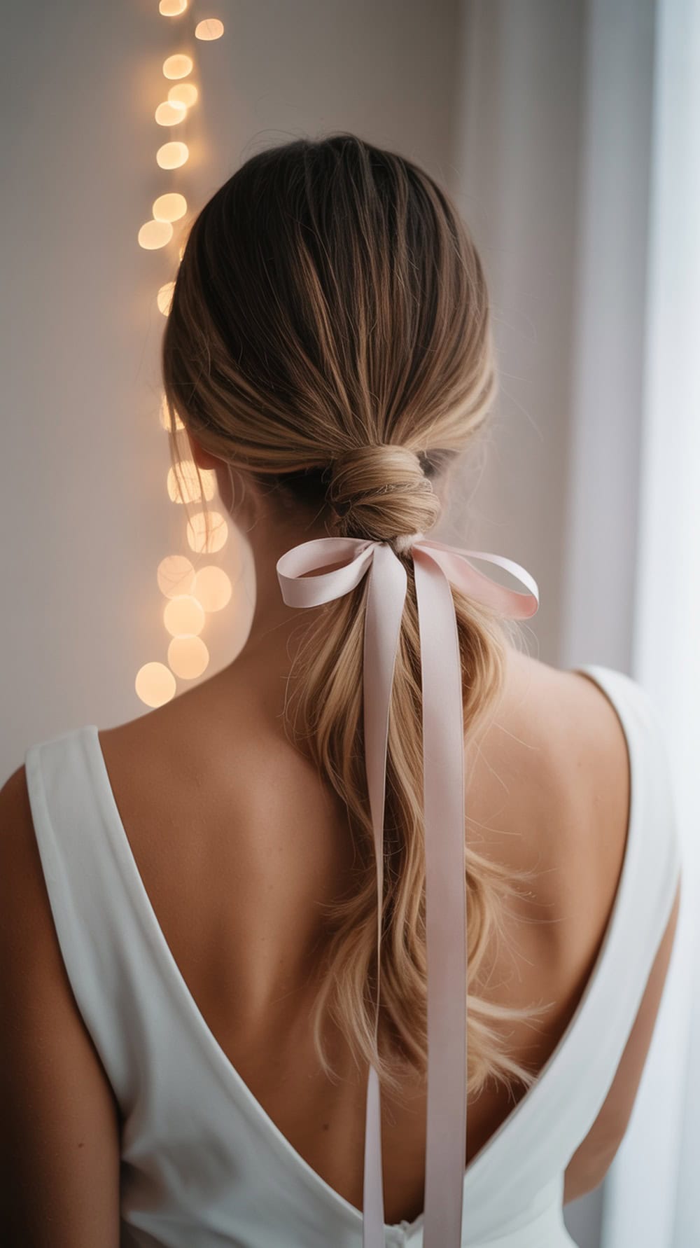 A woman with long straight hair styled in a knotted half-up ponytail with pink ribbon ends, wearing a white dress.