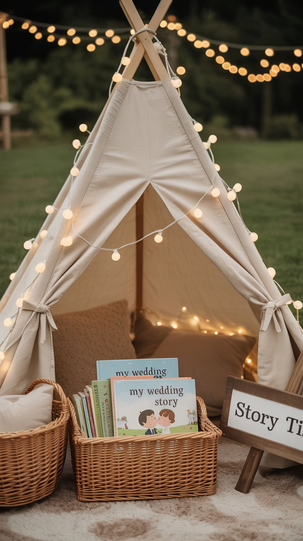 A cozy tent for kids with books and a 'Story Time' sign, decorated with soft lights.