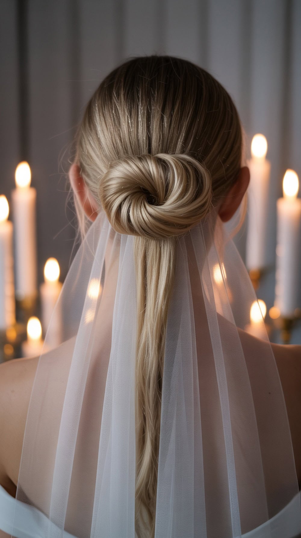 A bride's low sleek twist hairstyle with a veil tucked under, showcasing long straight hair.