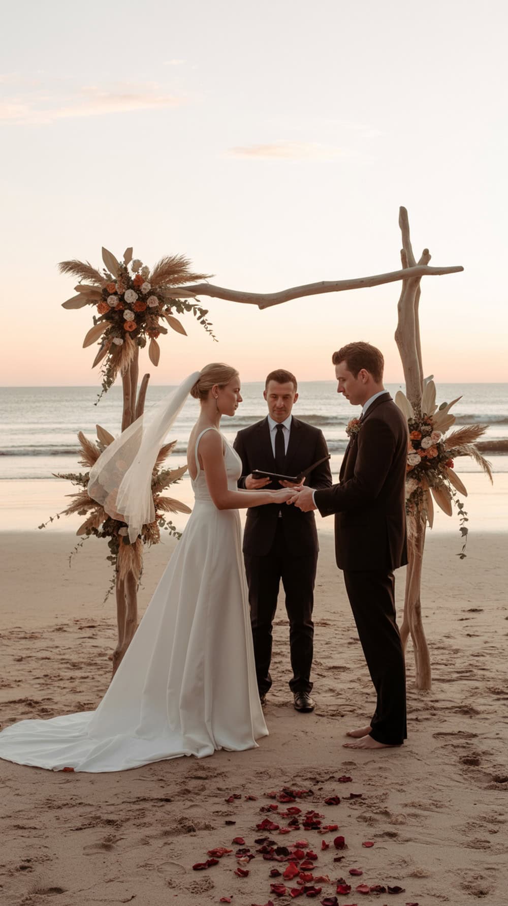 A couple exchanging vows during a sunset beach elopement, with a floral arch and rose petals on the sand.