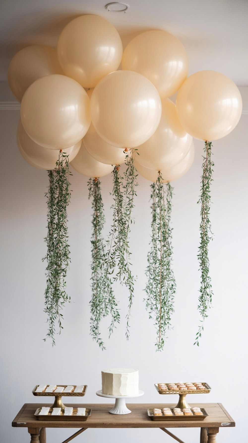 A cluster of white balloons with greenery tails hanging above a dessert table.