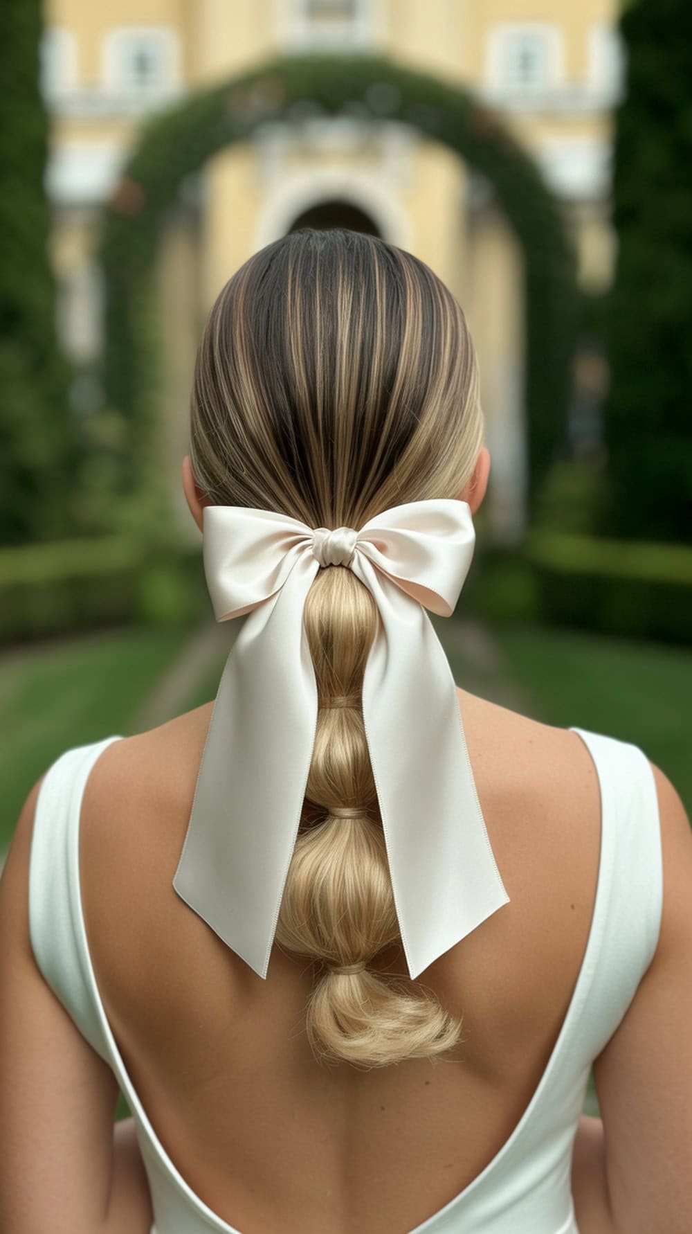 A woman with long straight hair styled in a sleek low ponytail adorned with a satin bow.