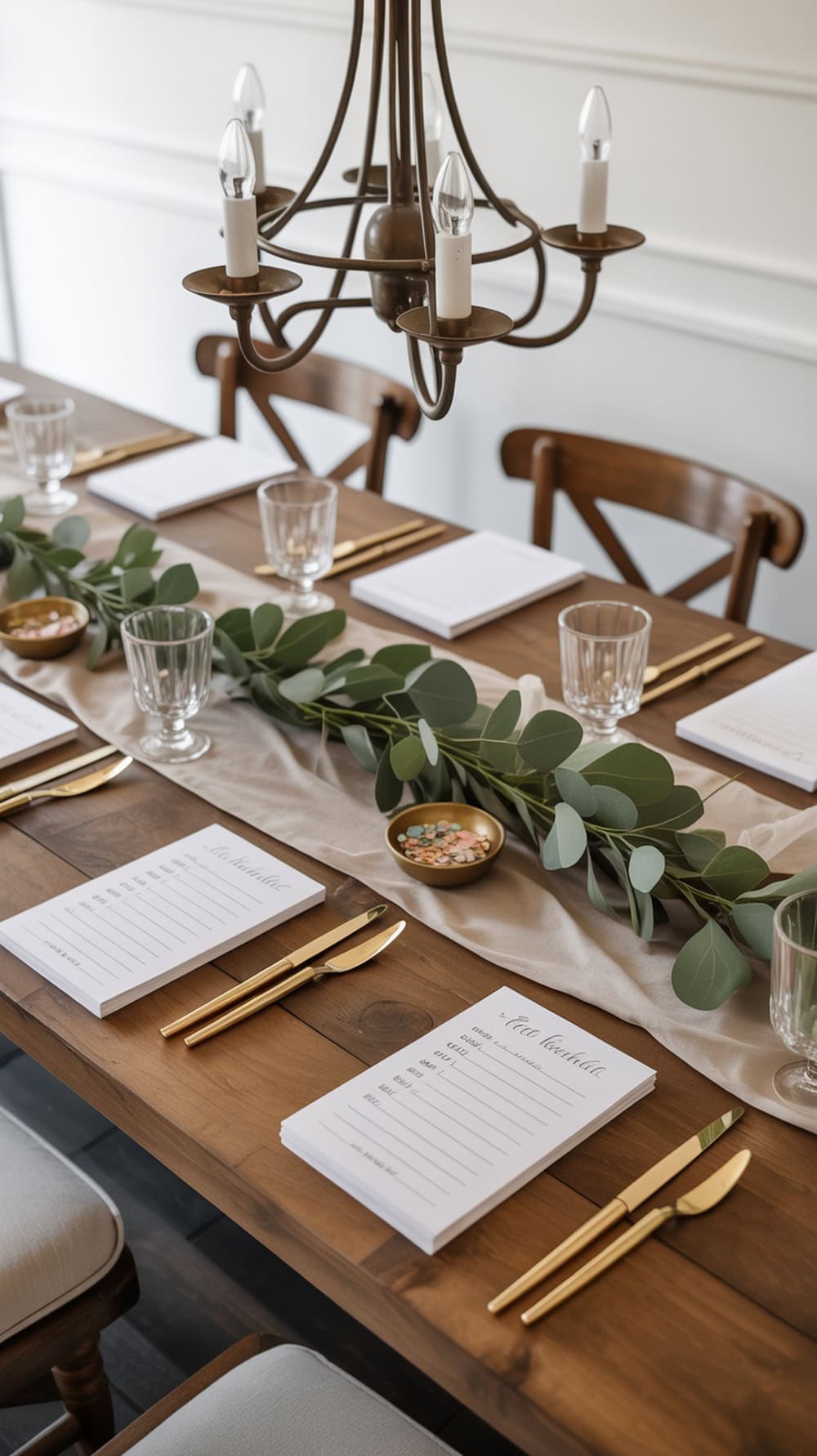A beautifully set table for Wedding Mad Libs with booklets and colorful candies.