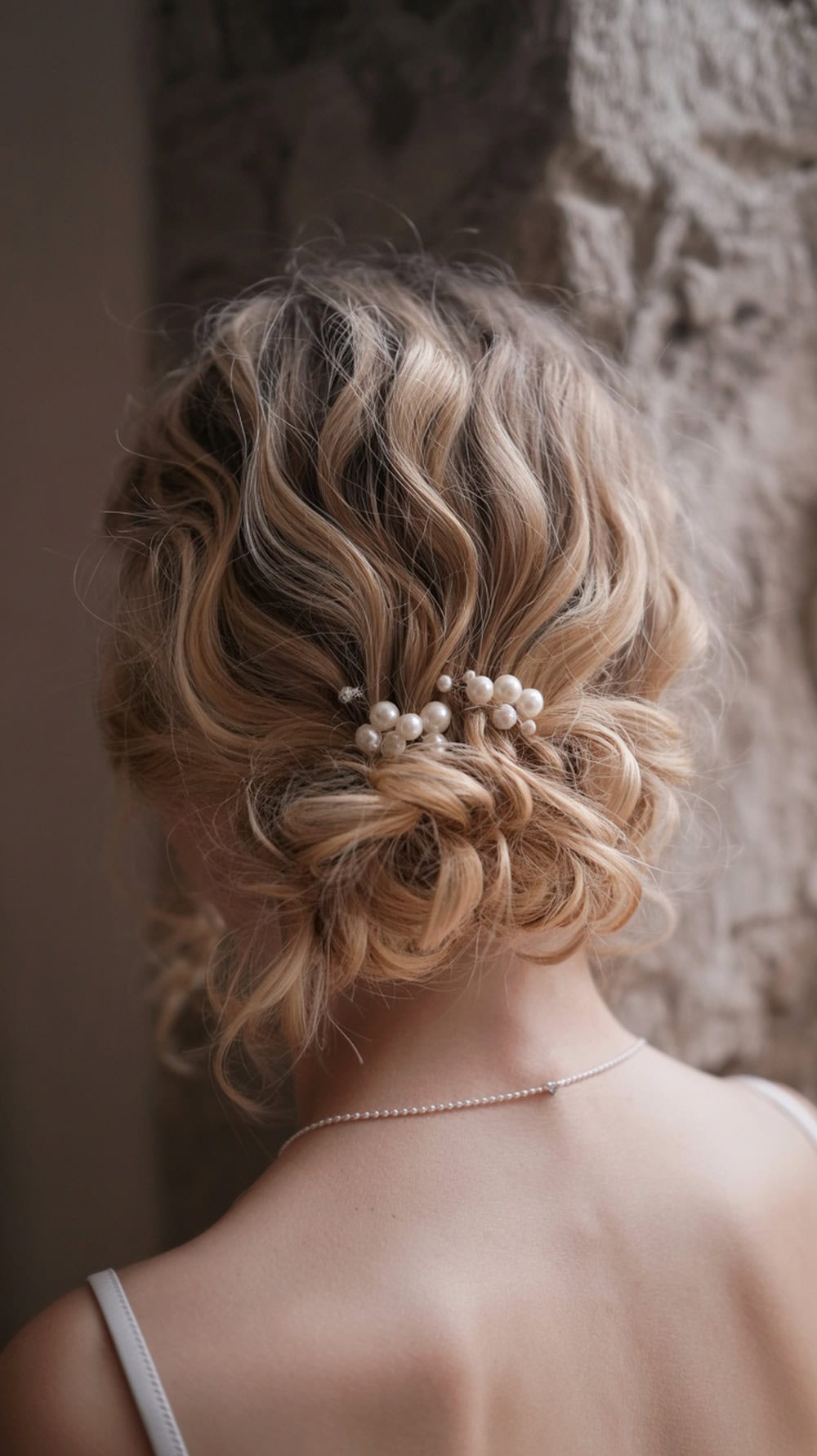A woman with long wavy hair styled in a twisted chignon adorned with pearls.
