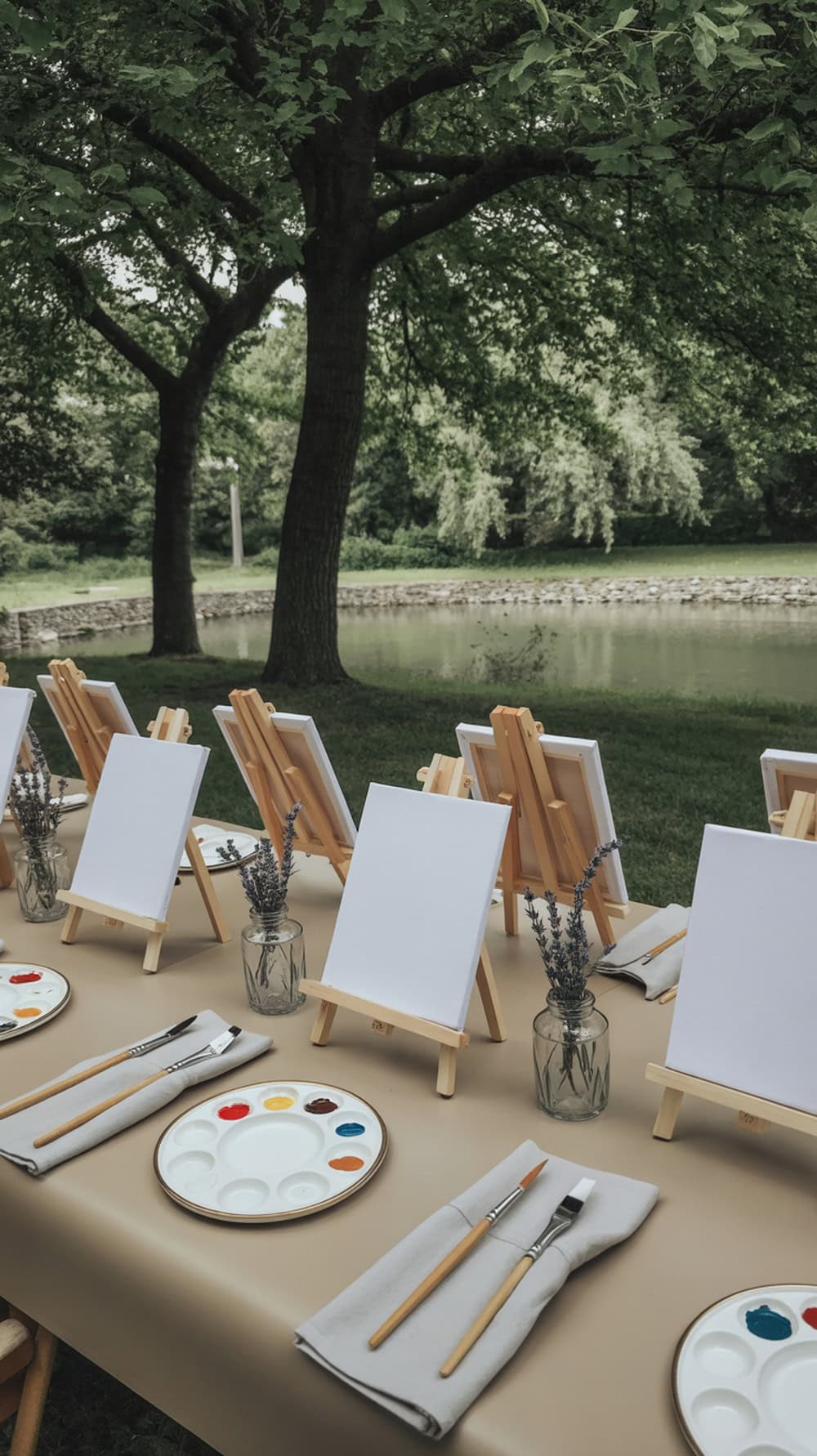 Outdoor setup for mini canvas painting with easels, paint palettes, and brushes