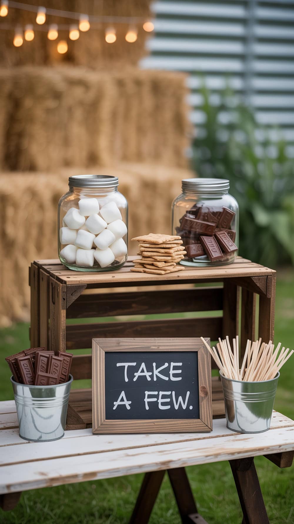 A rustic S'Mores bar setup with jars of marshmallows, graham crackers, and chocolate, featuring a sign that says 'S'more Love.'