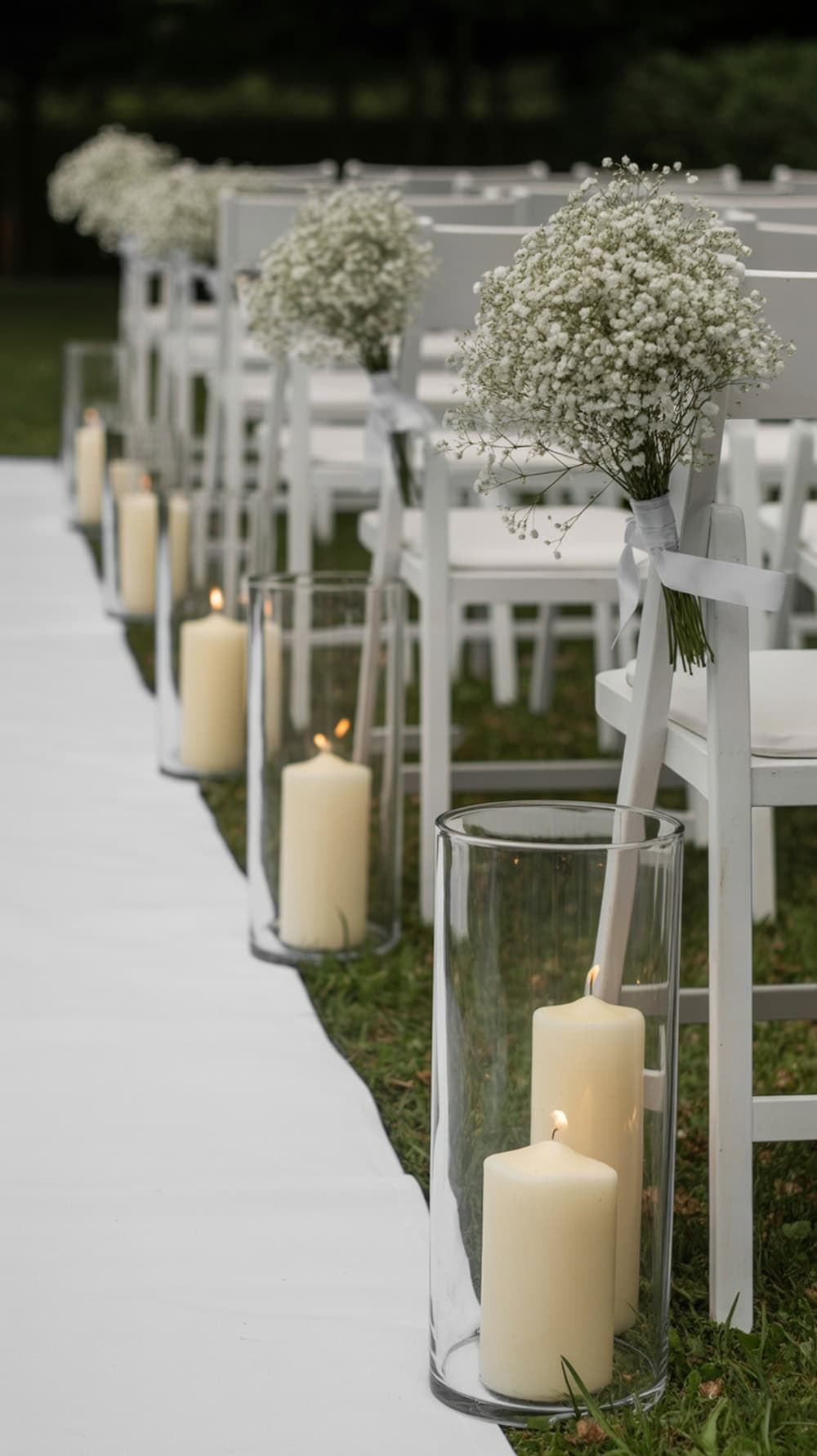 A wedding aisle with simple white markers featuring baby’s breath bouquets and lit candles in glass holders.