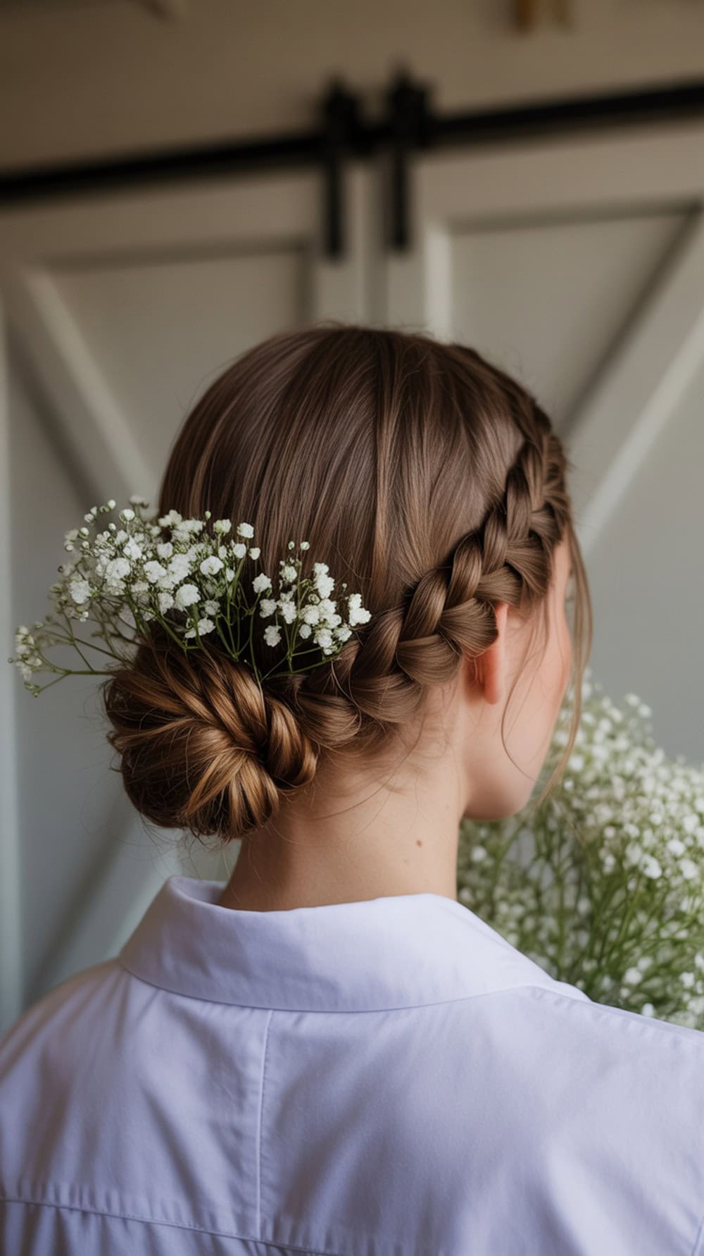 A woman with long hair styled in a braided twist updo, adorned with babyโs breath flowers.
