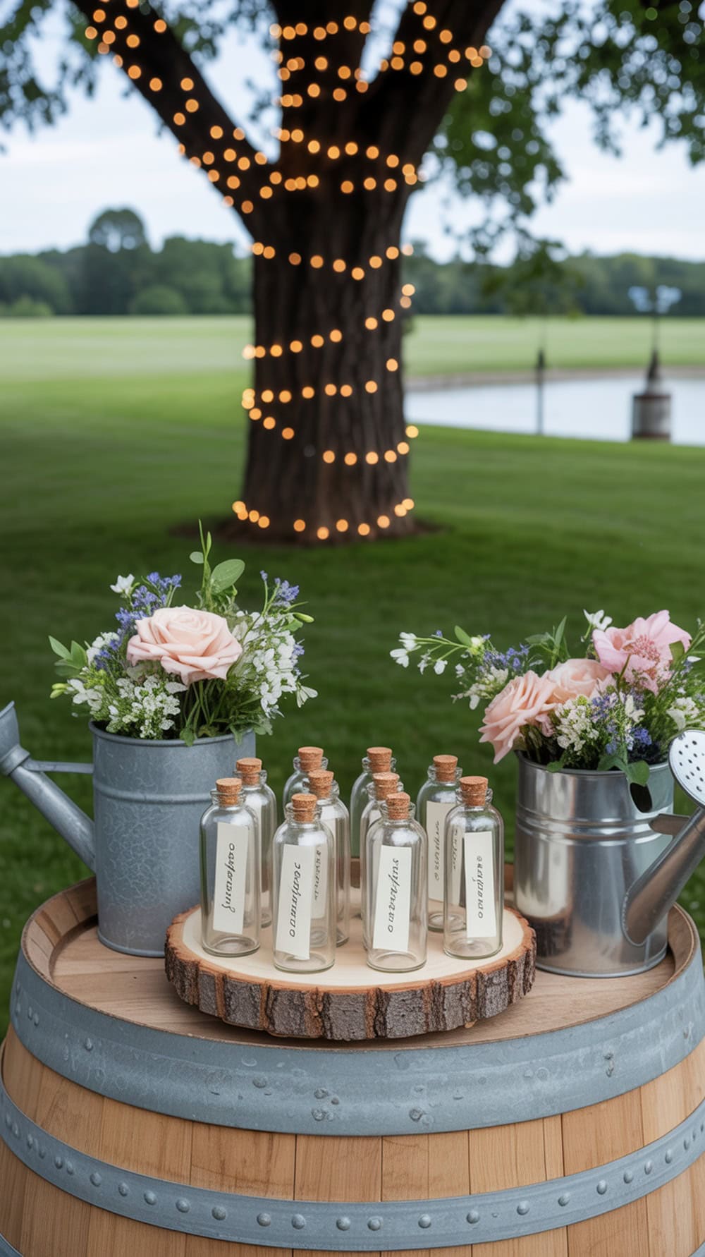 A rustic table with glass bottles and flowers, set up for a wedding activity.