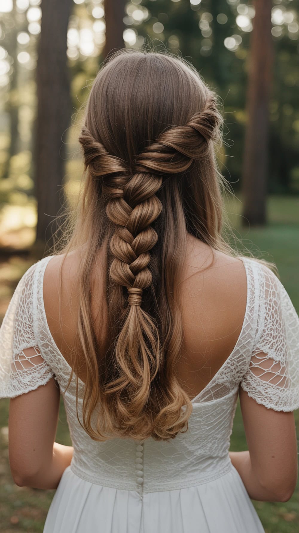 A bride with long hair styled in a side-swept braid with volume at the crown, showcasing intricate sections and loose strands.