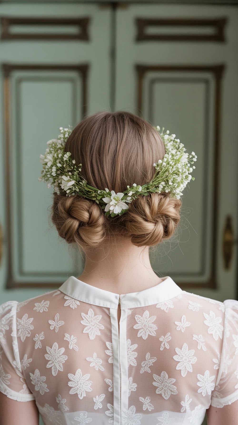 A bride with long wavy hair styled in a twisted half-updo, adorned with a floral hairpiece.