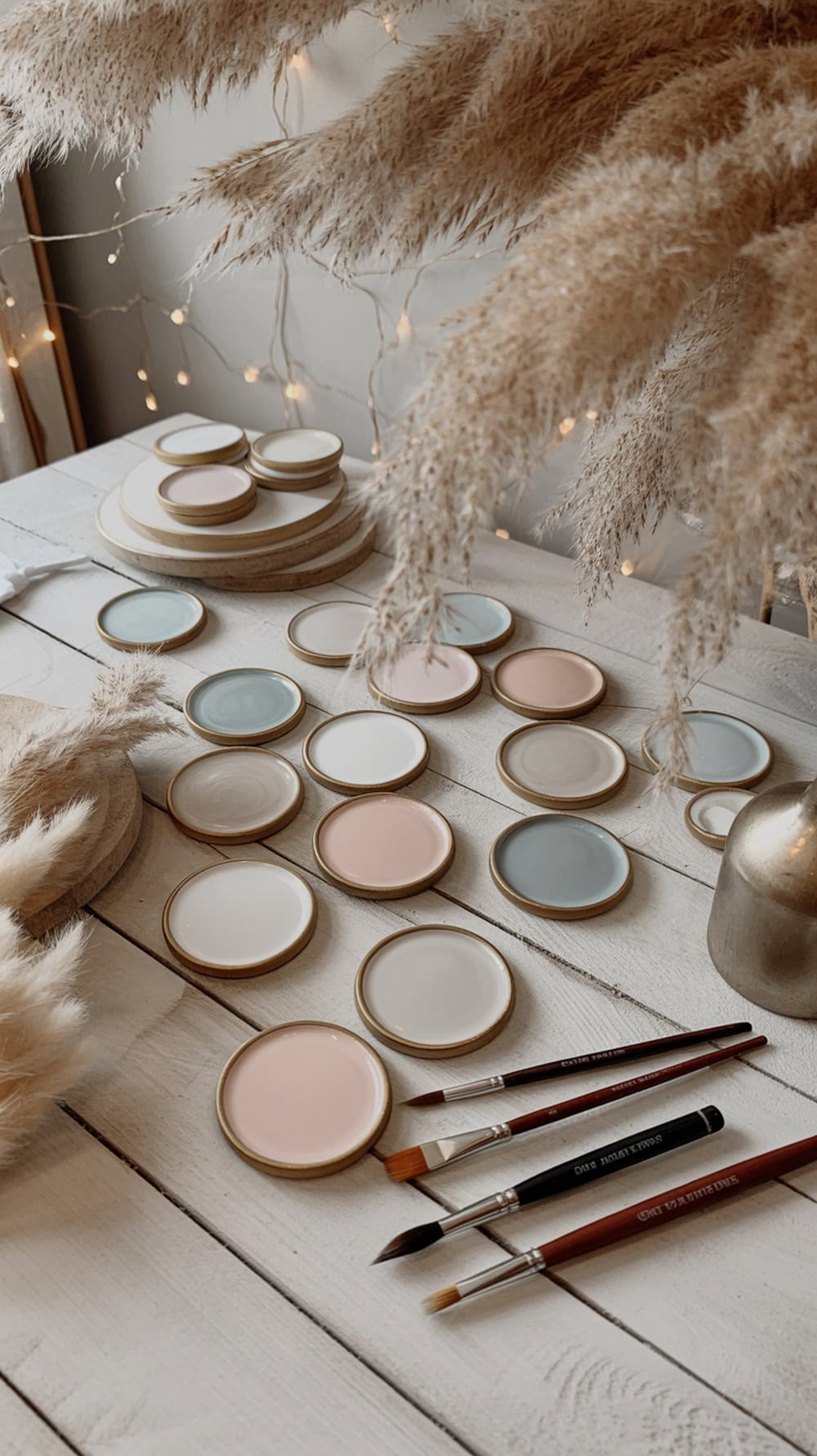 A beautifully arranged table with pastel-colored coasters, paint, and brushes, perfect for a wedding activity.