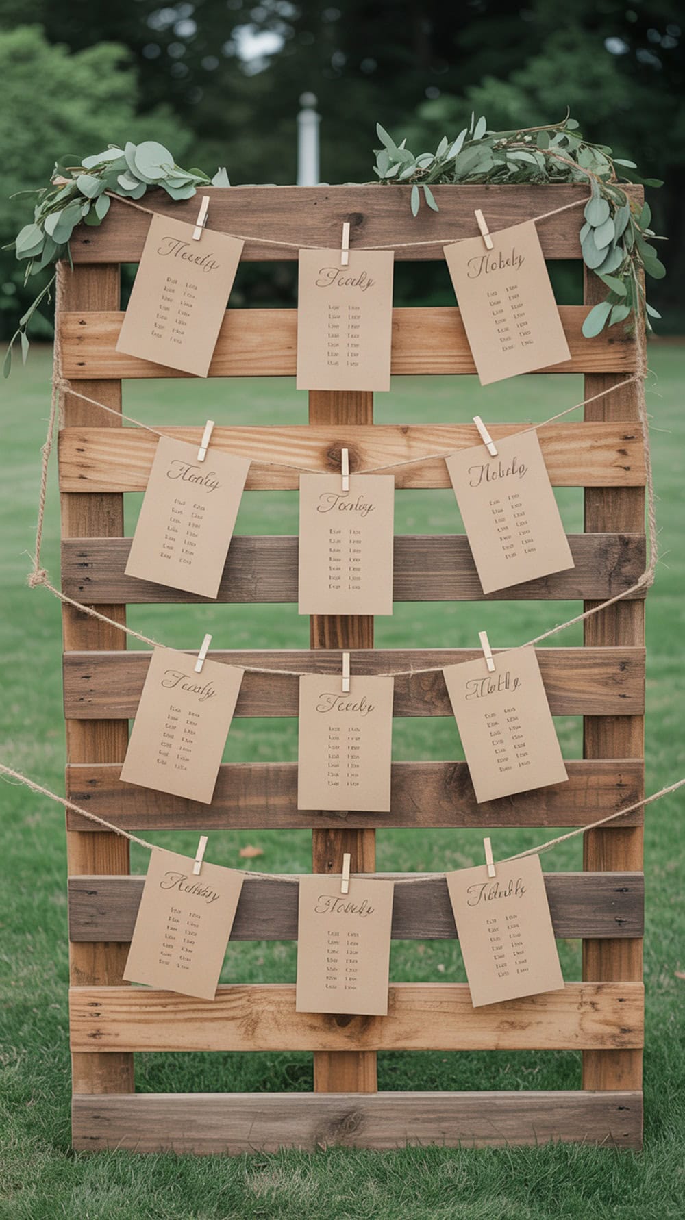 A rustic wooden pallet seating chart display with brown cards and greenery.