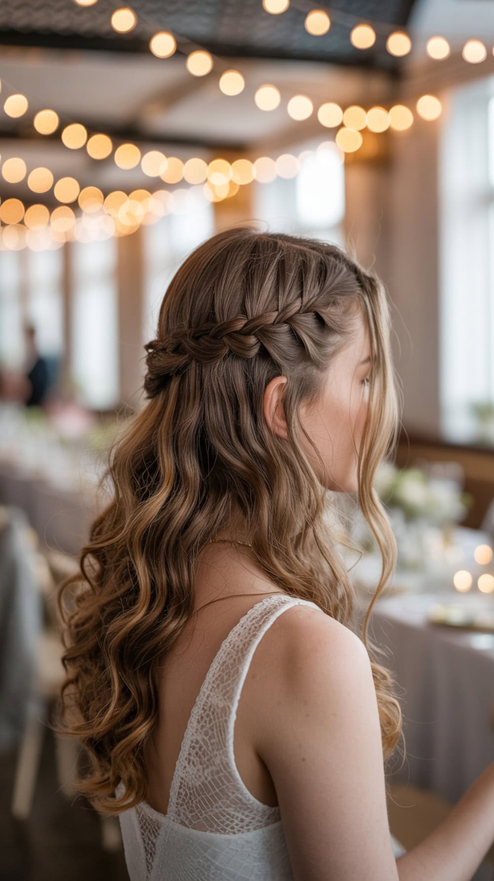 A bride with long wavy hair styled with a tiny back braid, set against a softly lit wedding reception.