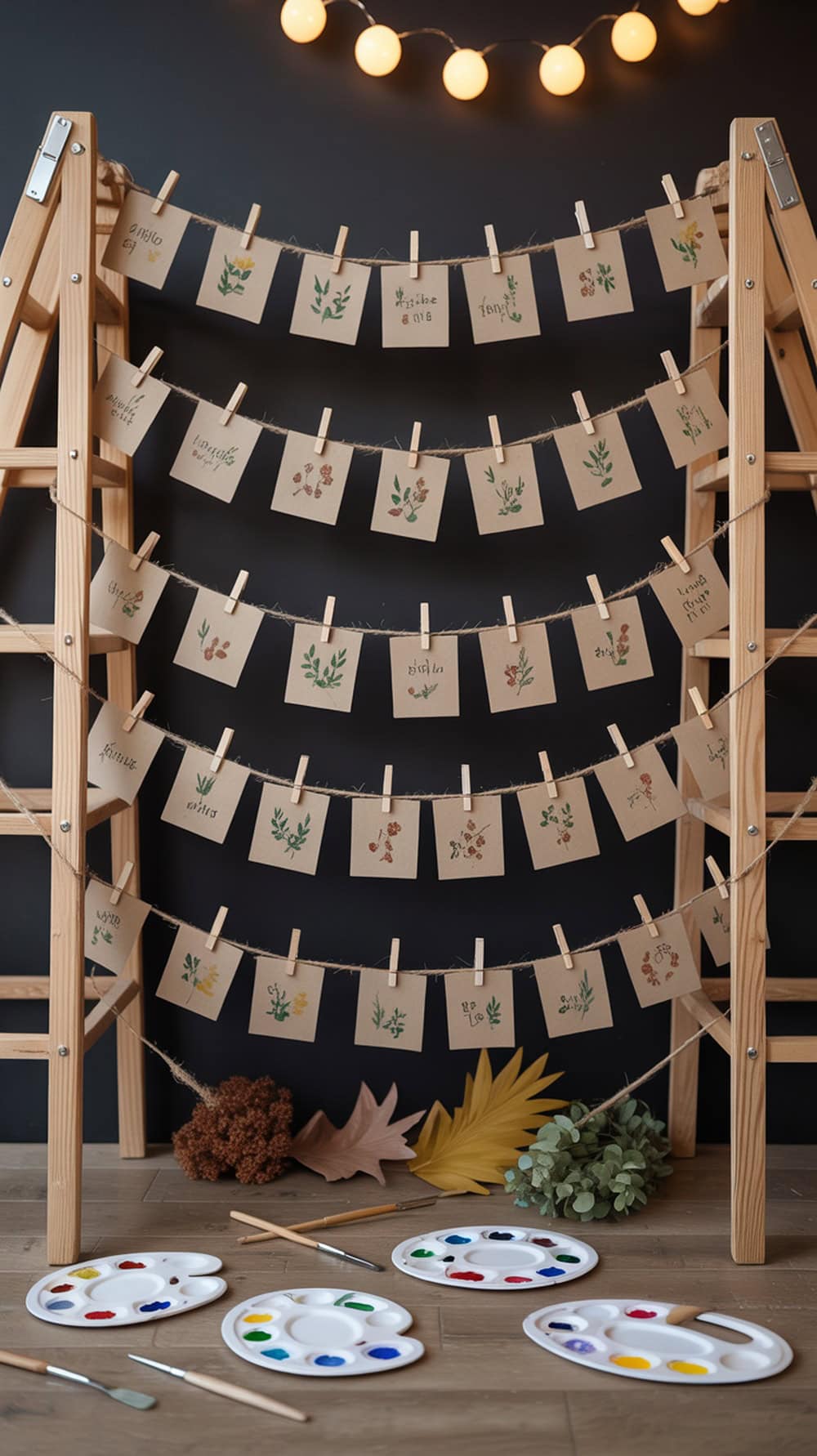 A cozy hanging art display corner with floral cards and painting supplies.