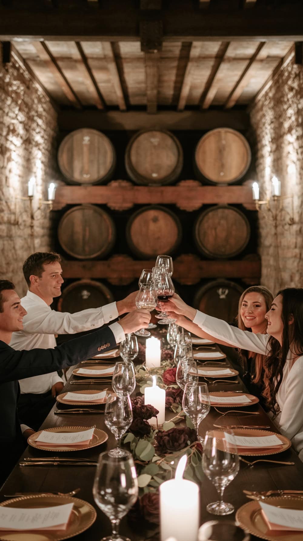 A group of people toasting with wine glasses at a beautifully set table in a wine cellar.