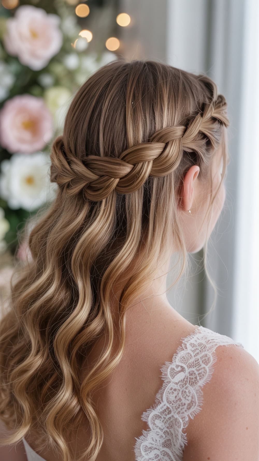A bride with long wavy hair styled in a triple twisted crown hairstyle, featuring soft waves cascading down her back.