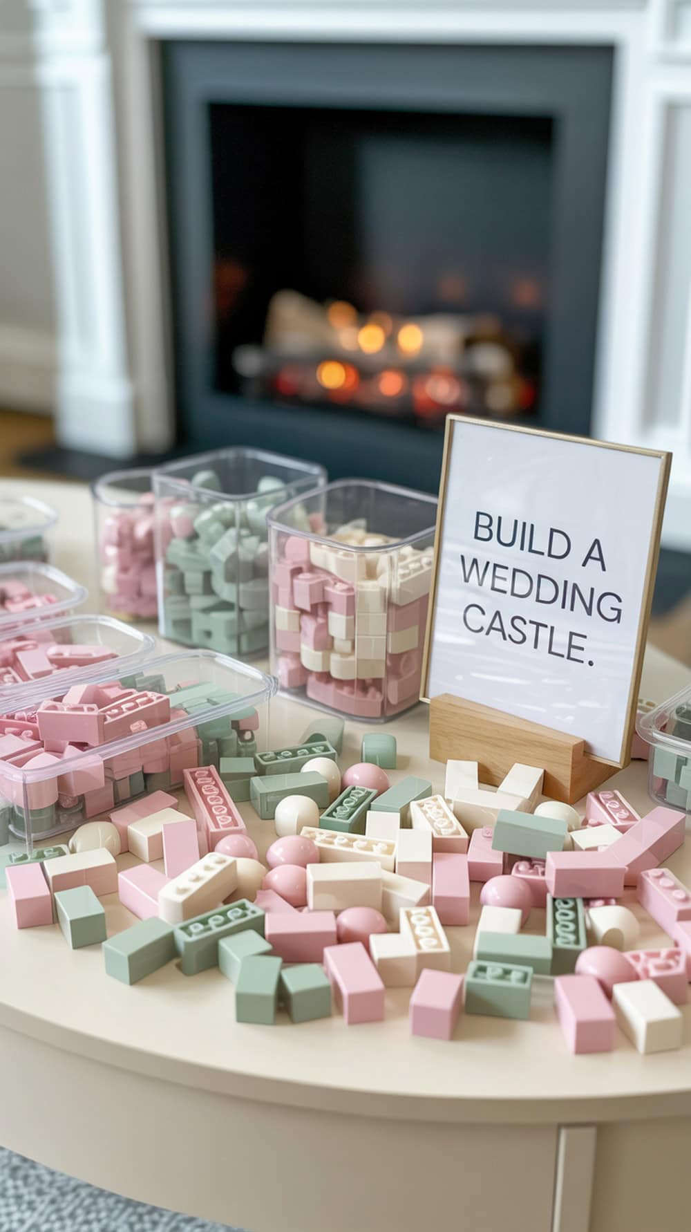 A cozy Lego building station with colorful blocks and a sign inviting kids to build a wedding castle.