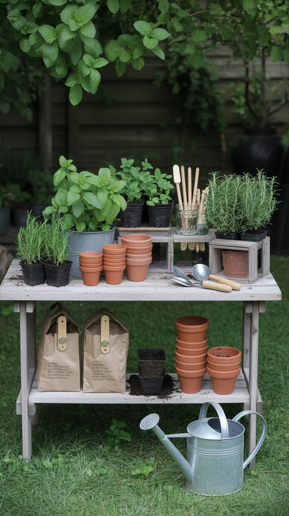 A DIY herb potting station with pots, soil, and various herbs set up for guests.