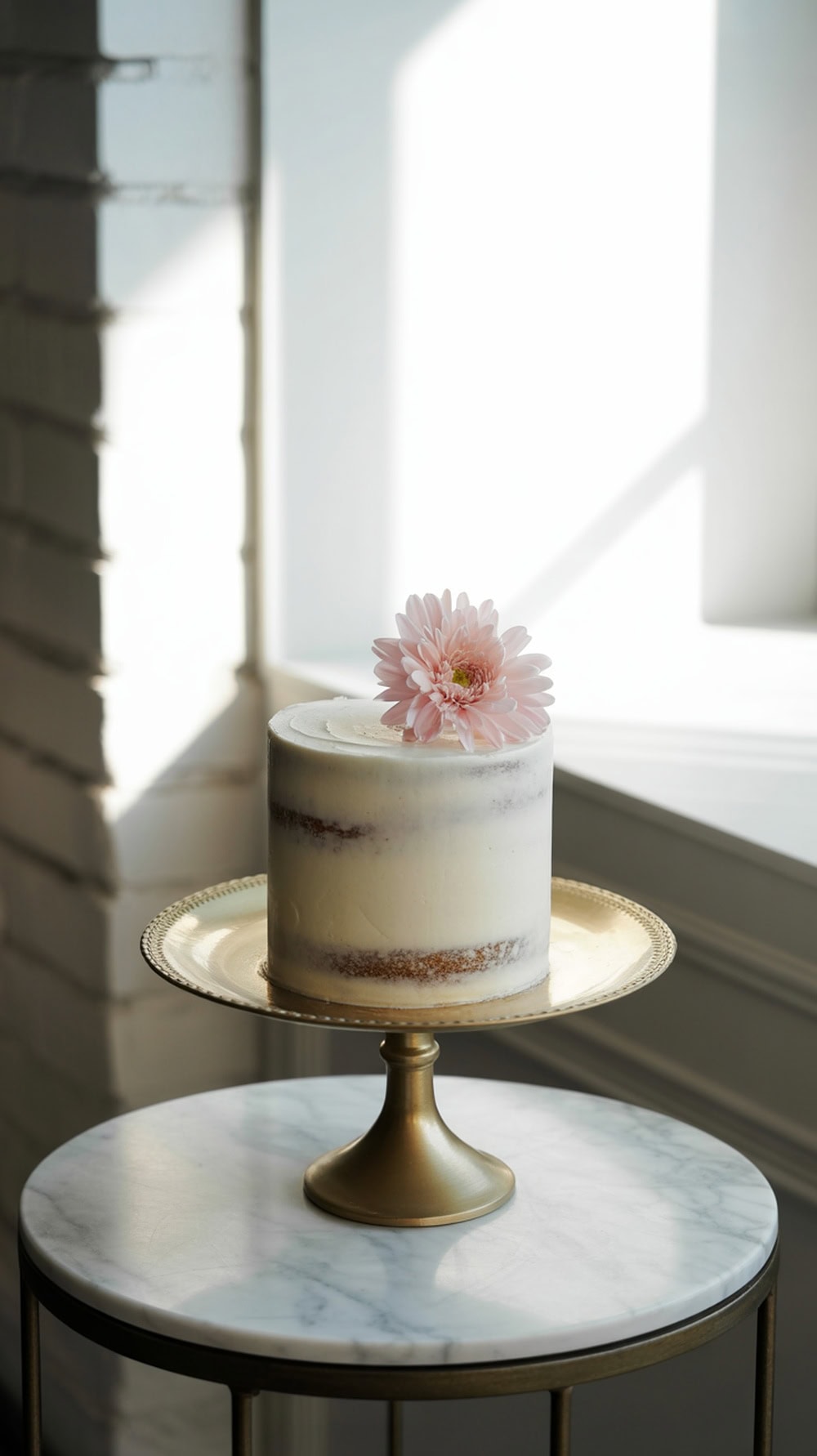 A mini cake for two displayed on a gold stand, topped with a pink flower, set against a bright window.