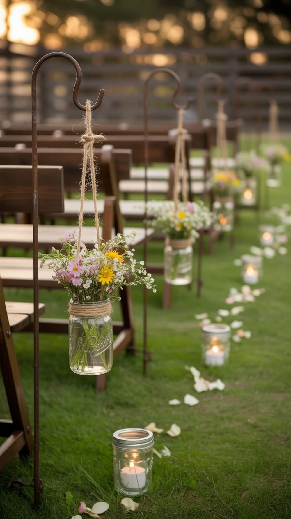 Mason jar lantern aisle markers with flowers and candles on a grassy wedding aisle