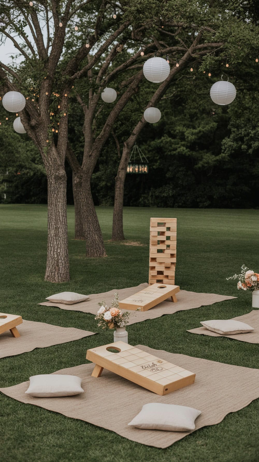 A cozy lawn games corner at an outdoor wedding featuring cornhole and giant Jenga, with cushions and flowers for decoration.