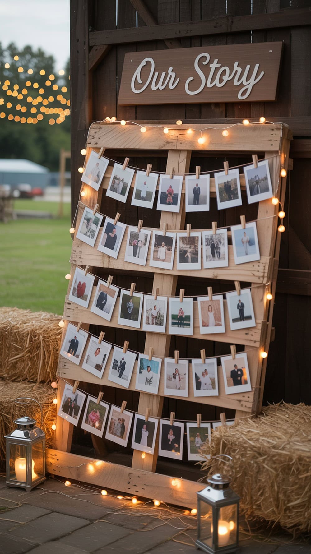 A rustic pallet photo display wall with photos and fairy lights, showcasing a couple's love story.