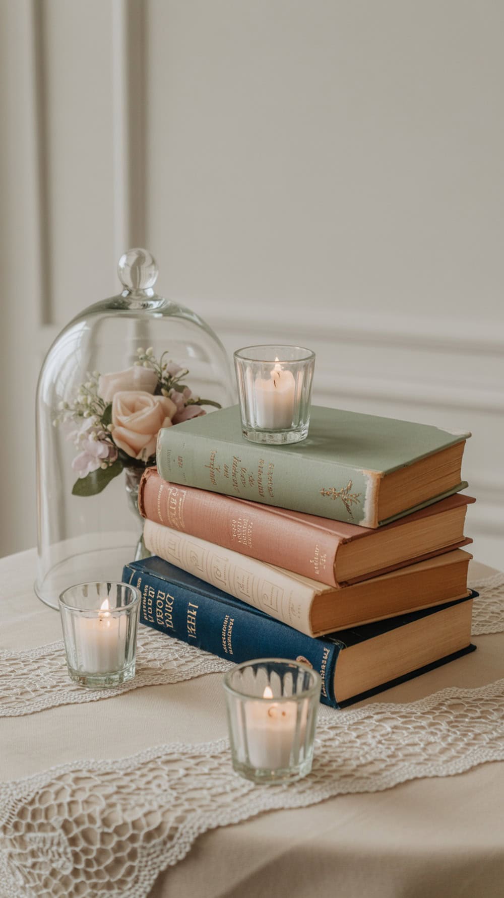 A table setting featuring stacked vintage books and candles, creating a cozy and romantic atmosphere.