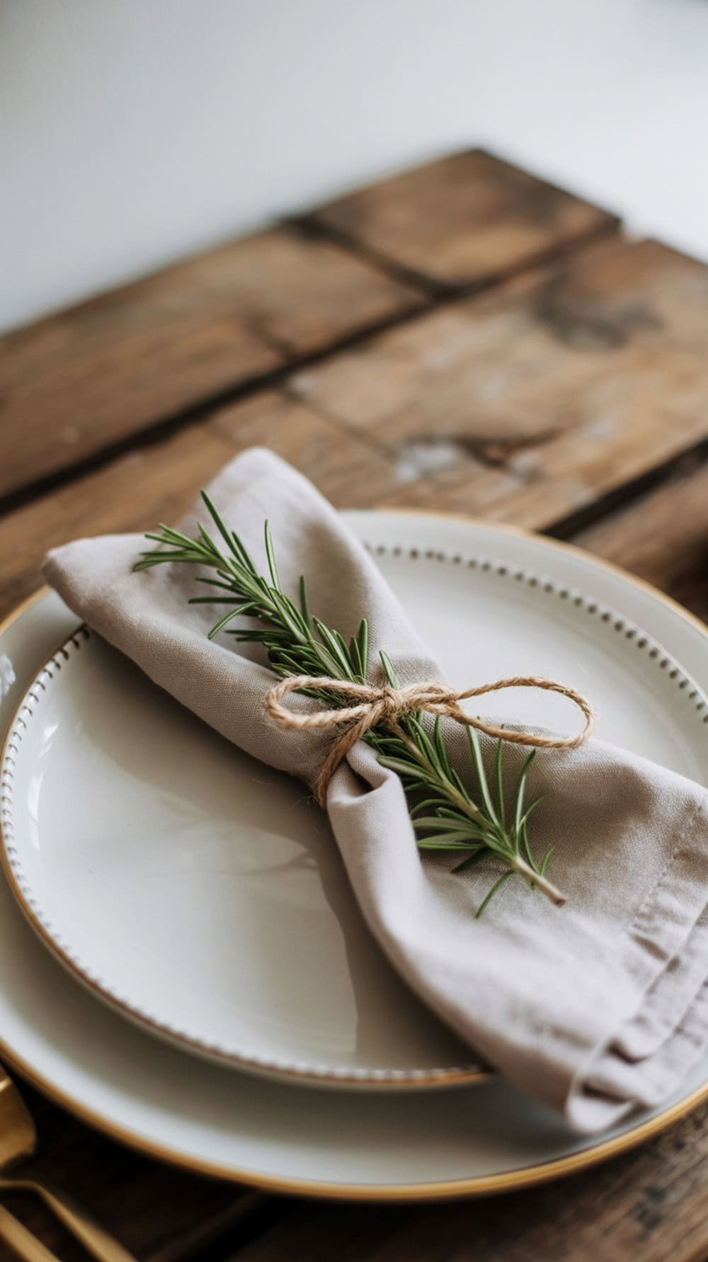Linen napkin tied with rosemary on a plate