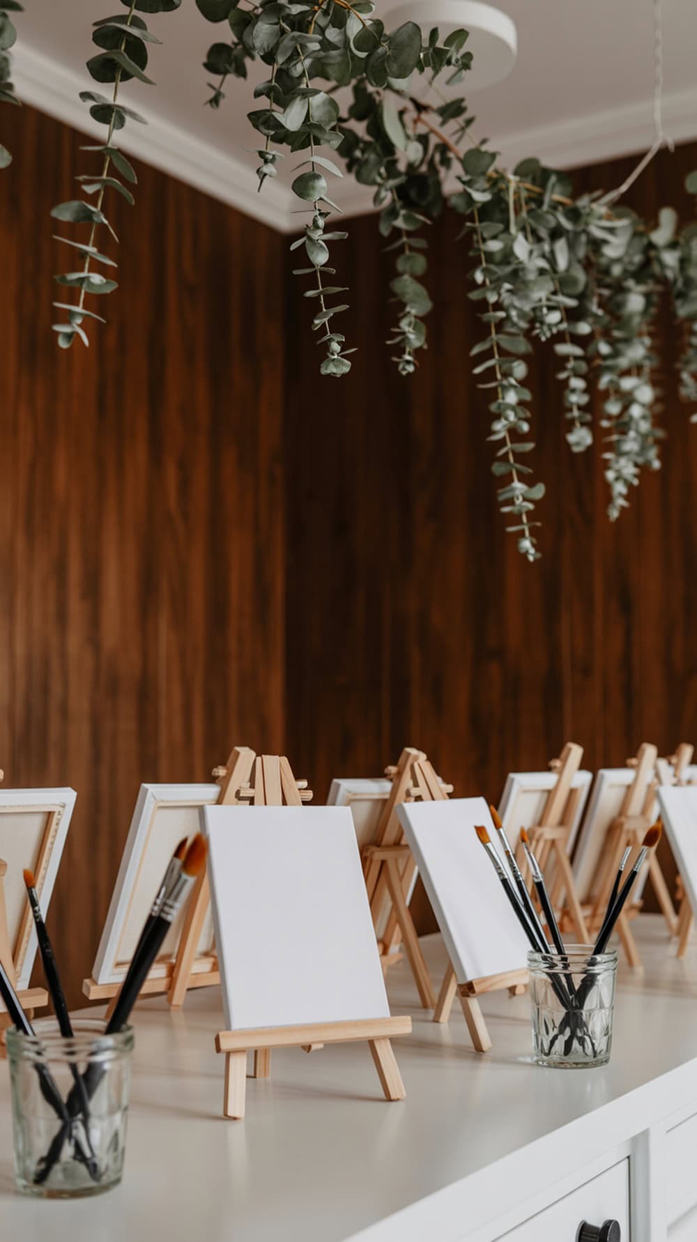 Indoor paint station with canvases and paintbrushes