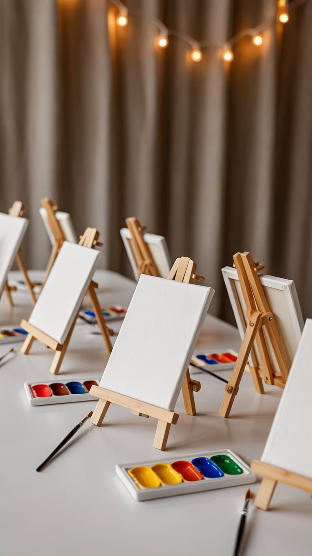 Mini canvas painting station with easels and paint palettes