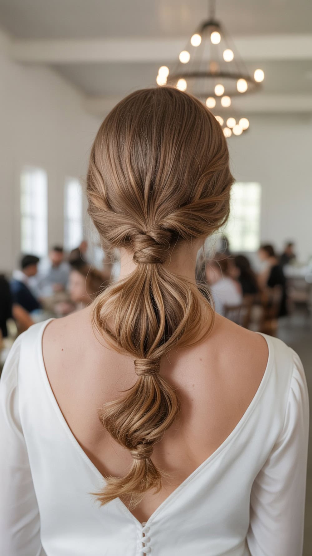 A woman with long hair styled in a low ponytail with a braided wrap, showcasing a simple yet elegant wedding hairstyle.