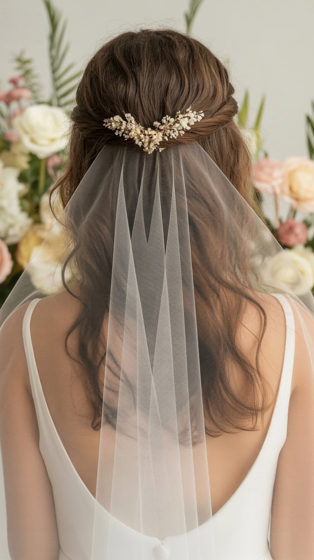 A bride with long wavy hair styled in a pulled-back look, featuring a veil underneath.